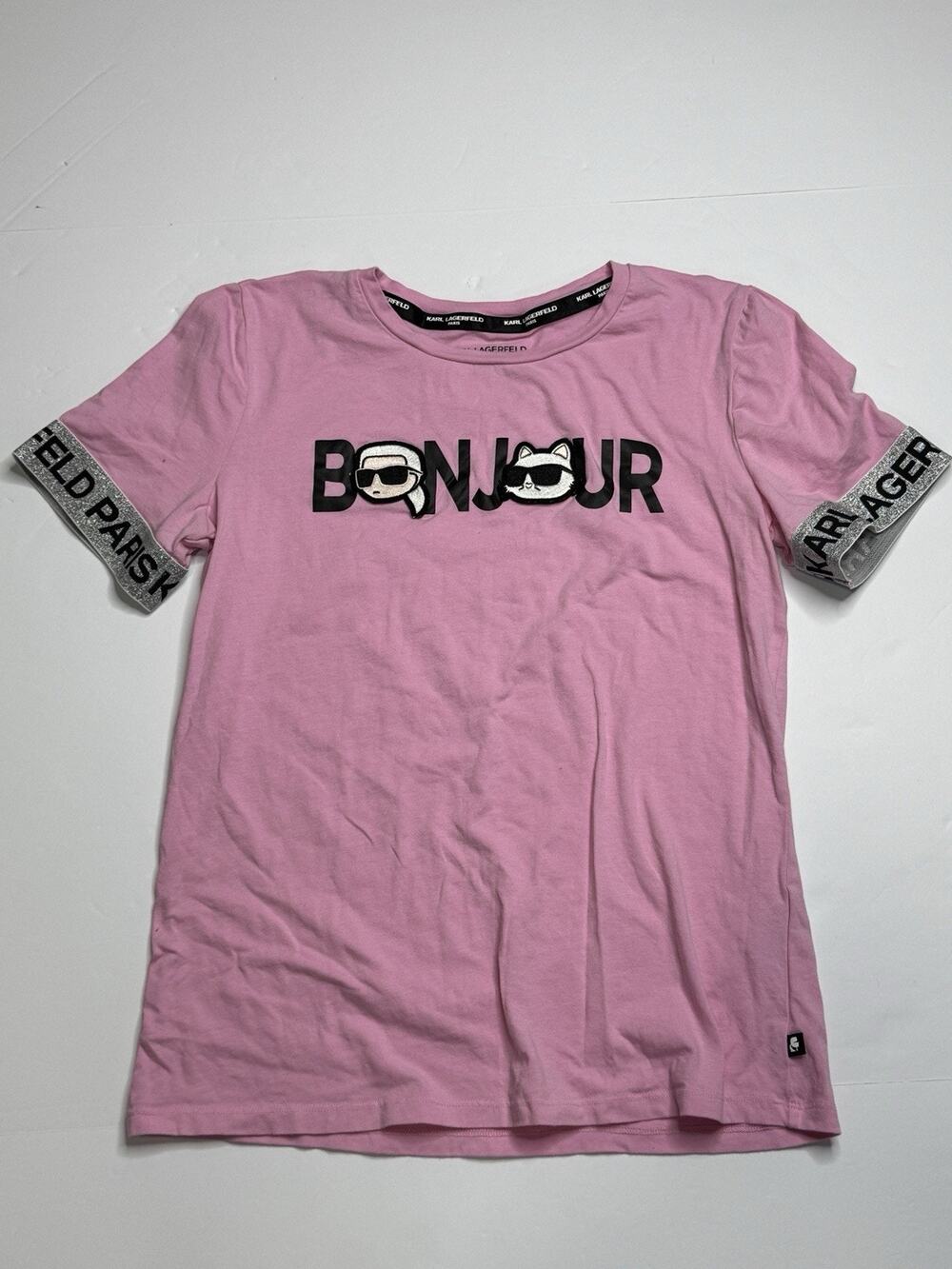 Karl Lagerfeld Paris Womens S Pink Bonjour Choupette Cat Embroidered T Shirt